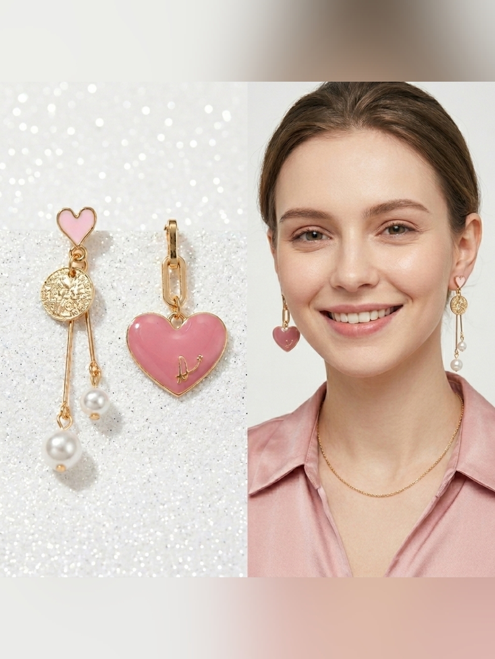 Gold pink heart coin pearl drop mismatched earrings